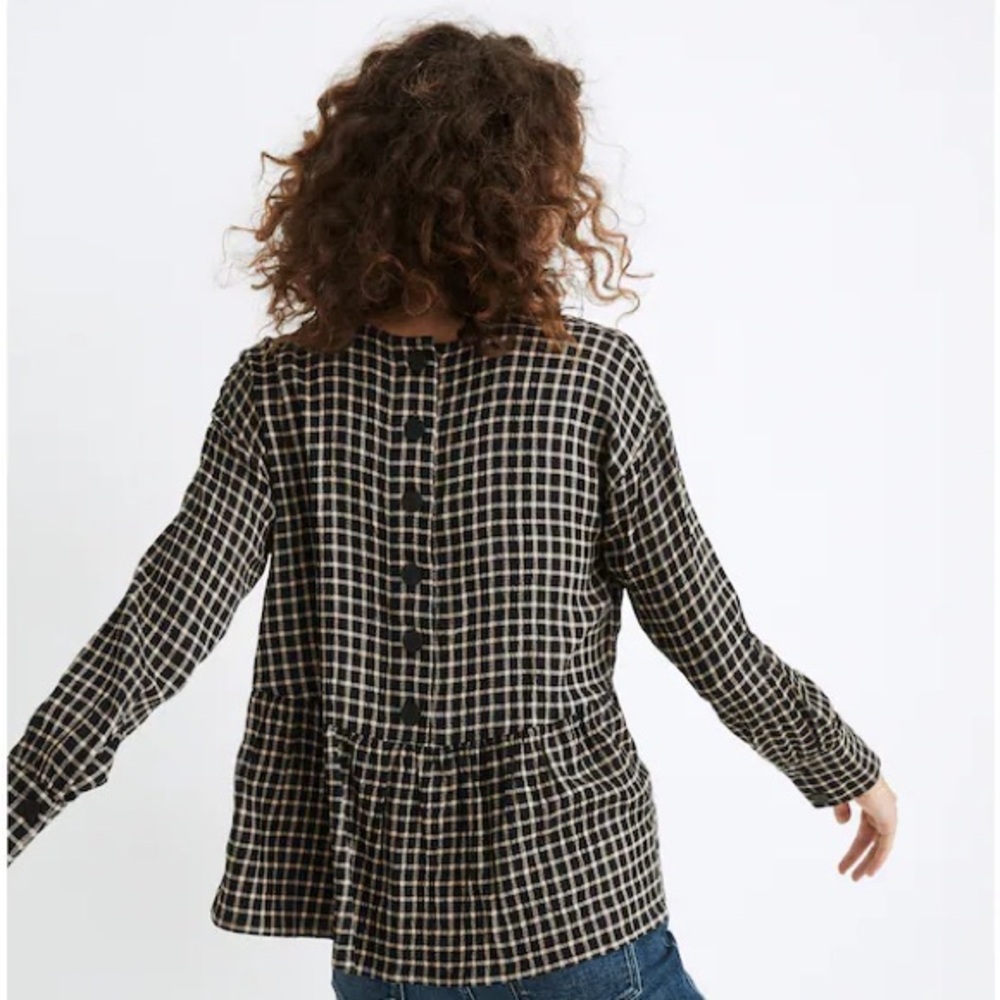 Madewell Button-Back Peplum Top in Mini Windowpane Check Twill Black Tan S